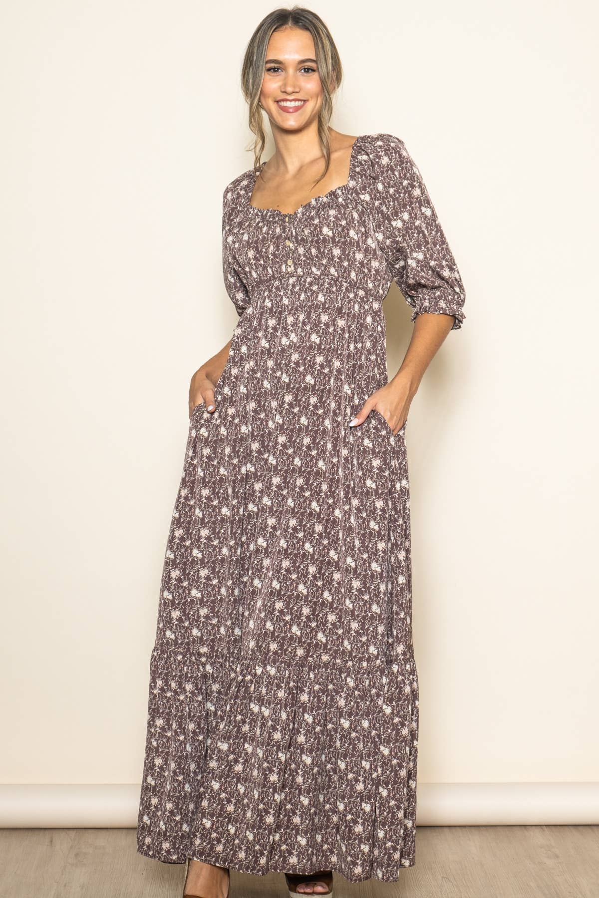 Flowy Babydoll Empire Wide Flare Floral Maxi Dress w Pockets