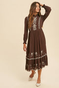 Brown Embroidered Smocked Neck Dress