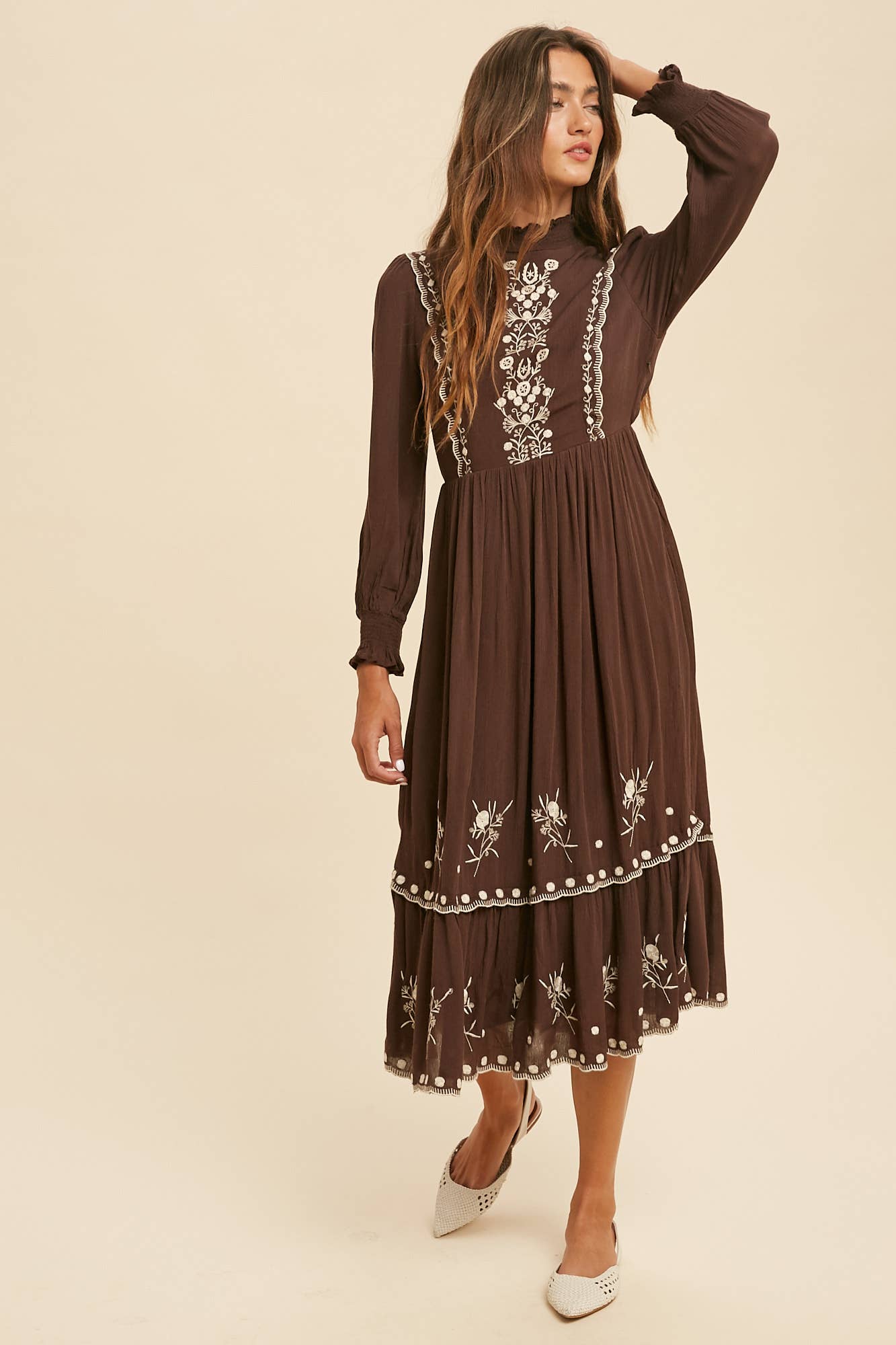 Brown Embroidered Smocked Neck Dress