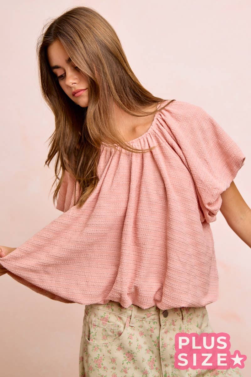 STRIPES TEXTURED SHIRRED NECKLINE BUBBLE HEM TOP