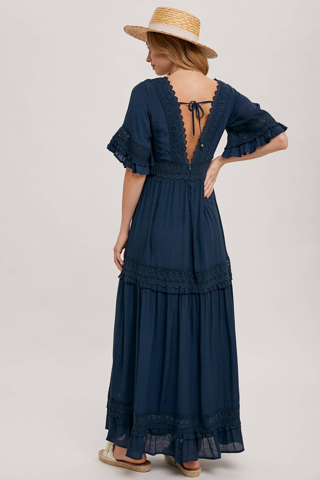 Lace V Neck Maxi Dress with Ruffle Sleeves (Olive & Ivory)