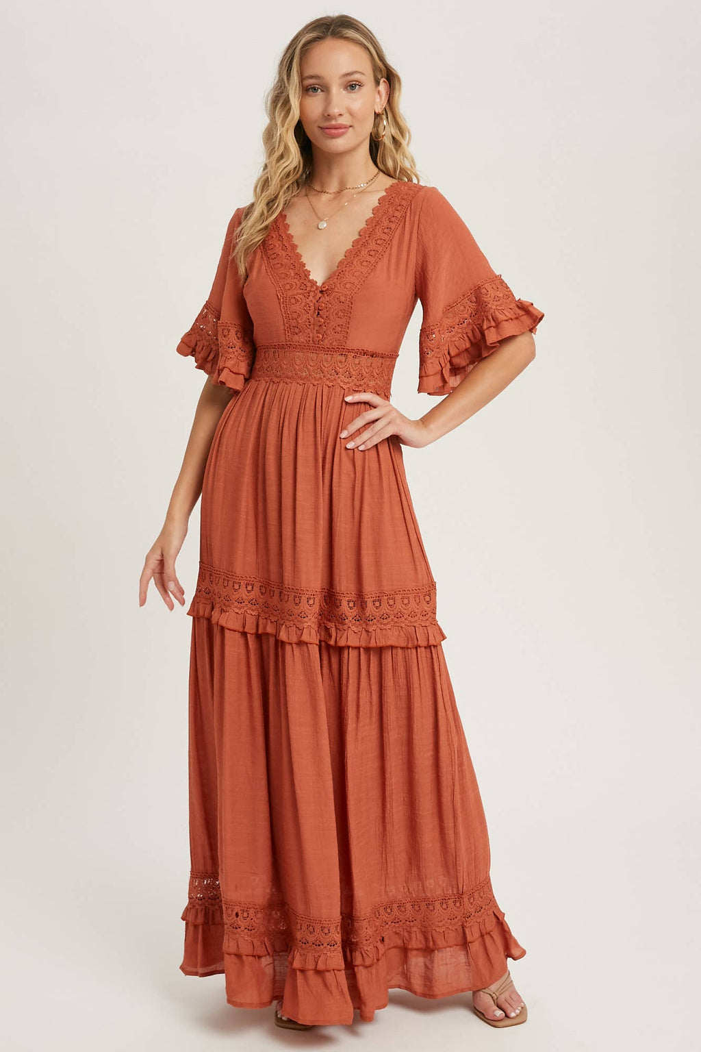 Lace V Neck Maxi Dress with Ruffle Sleeves (Olive & Ivory)