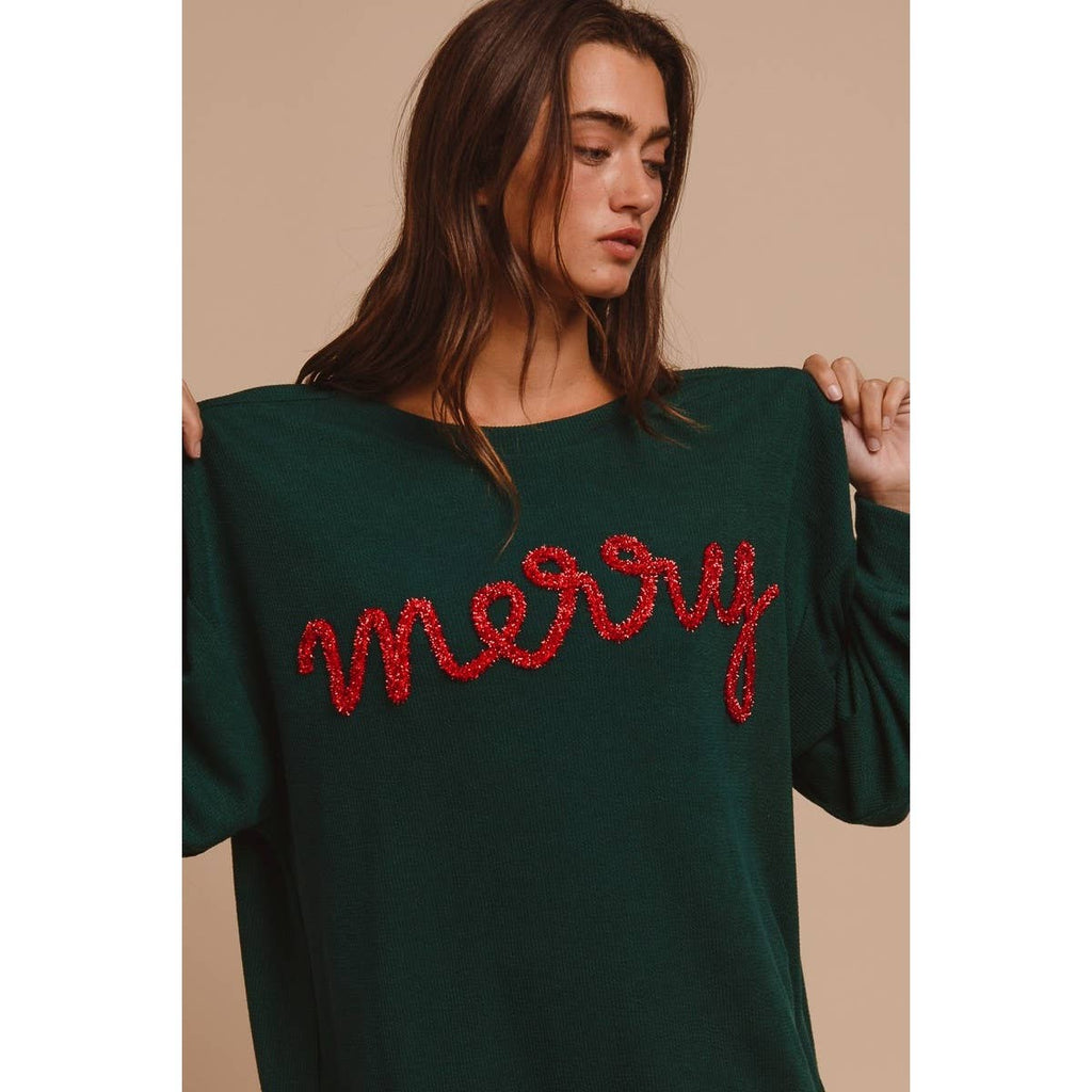 MERRY TINSEL LETTERING TWO TONE RIB PULLOVER