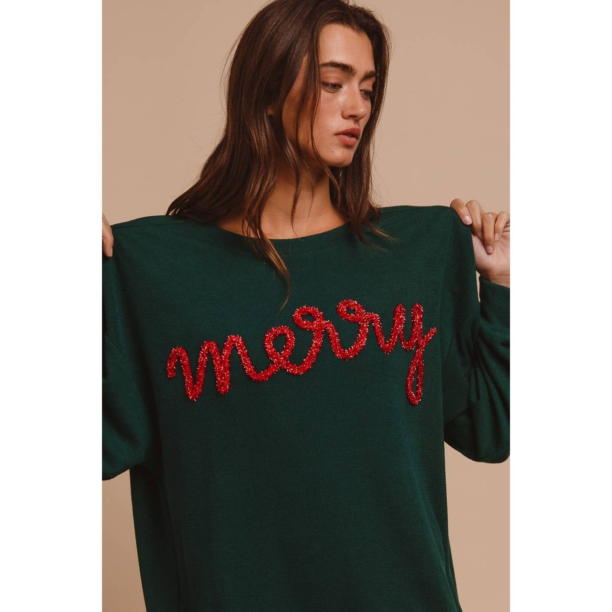 MERRY TINSEL LETTERING TWO TONE RIB PULLOVER