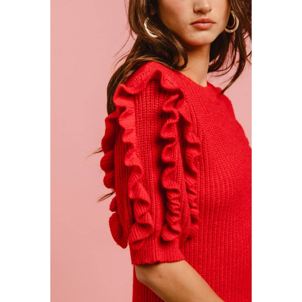 SOLID KNIT RUFFLED SLEEVES TOP