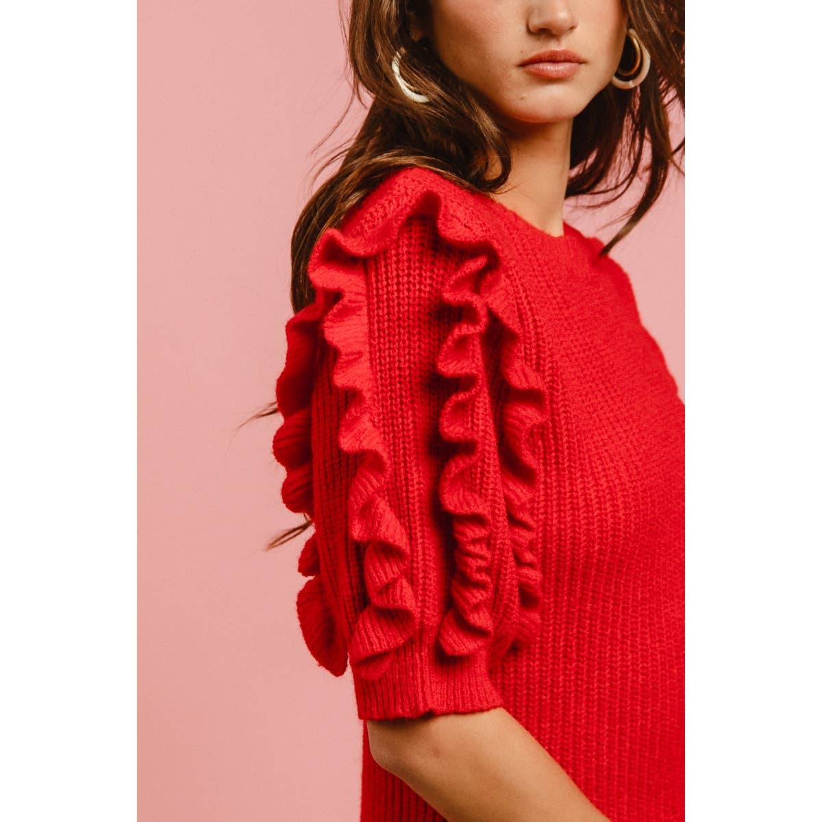 SOLID KNIT RUFFLED SLEEVES TOP