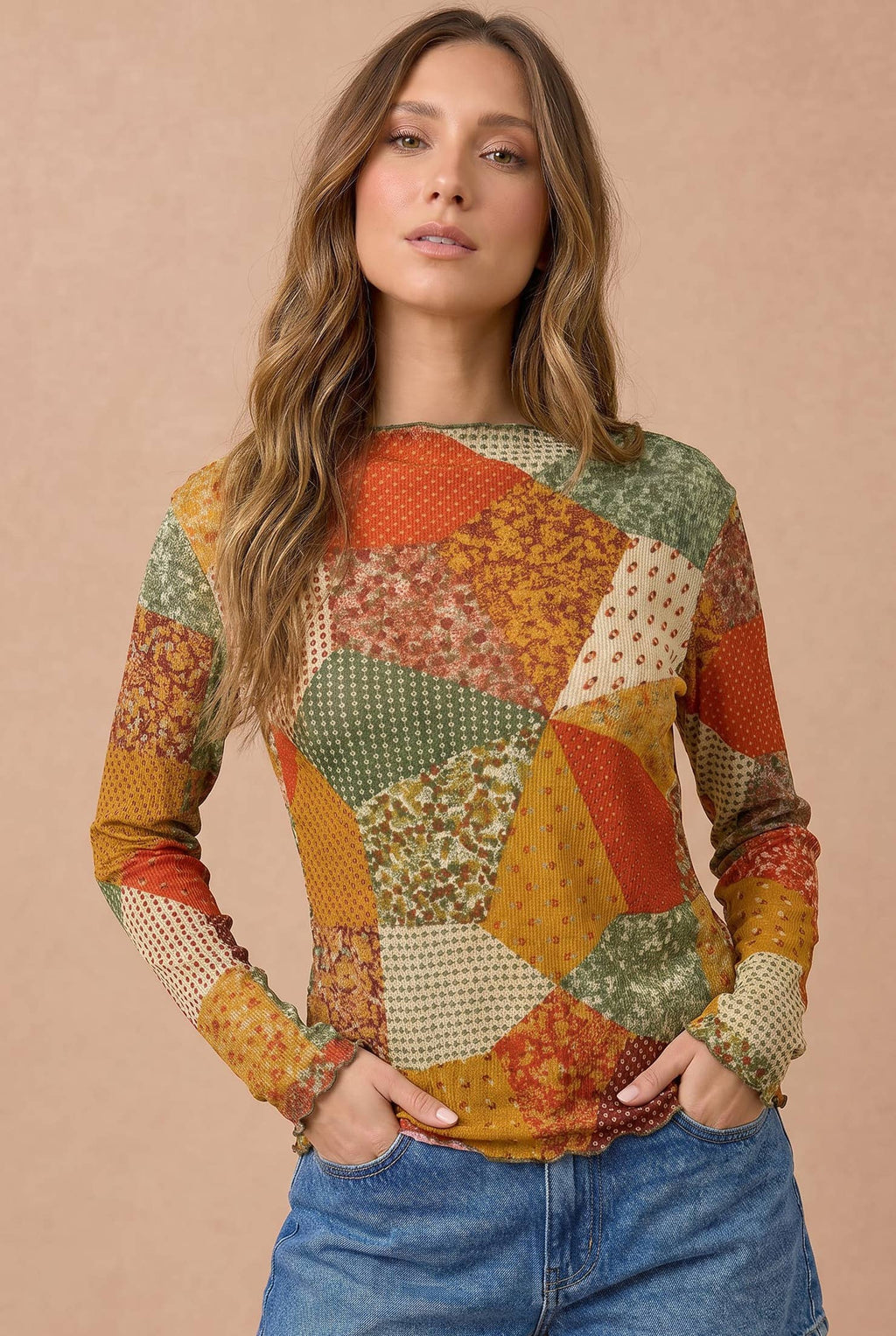 Plus Floral Patchwork Thermal Mock Neck Frill Top