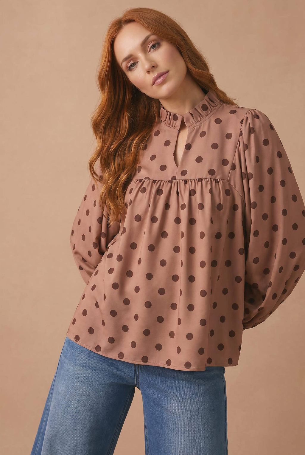 Polka Dot Bubble Sleeve Woven Blouse