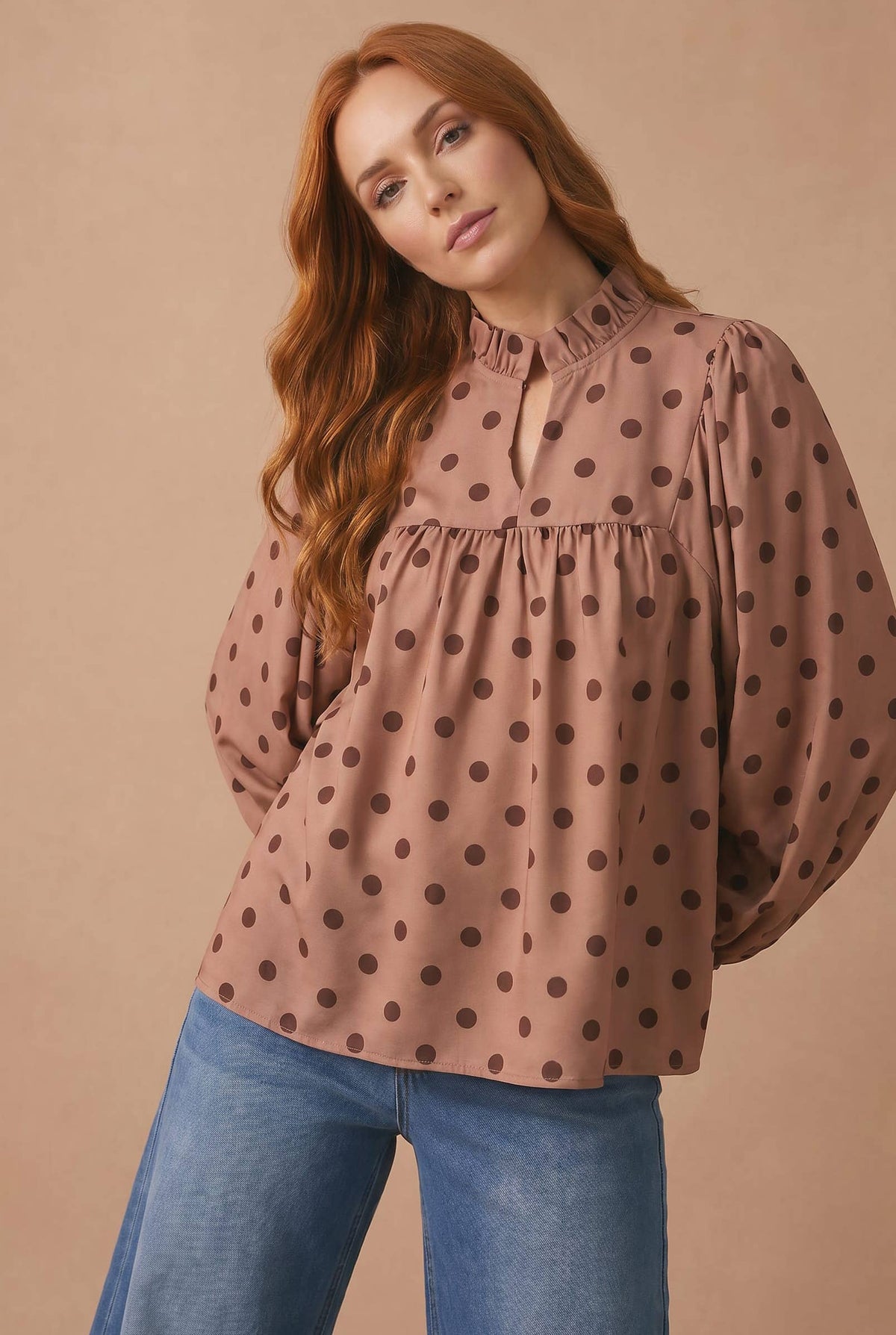 Polka Dot Bubble Sleeve Woven Blouse