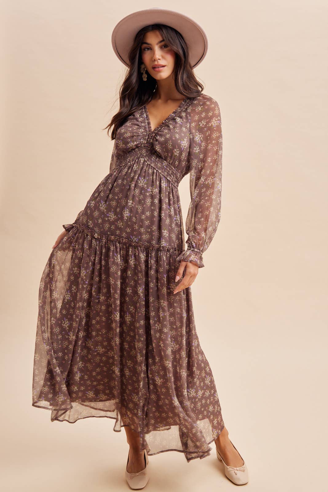 Chestnut Floral Maxi Dress with Smocking Detail