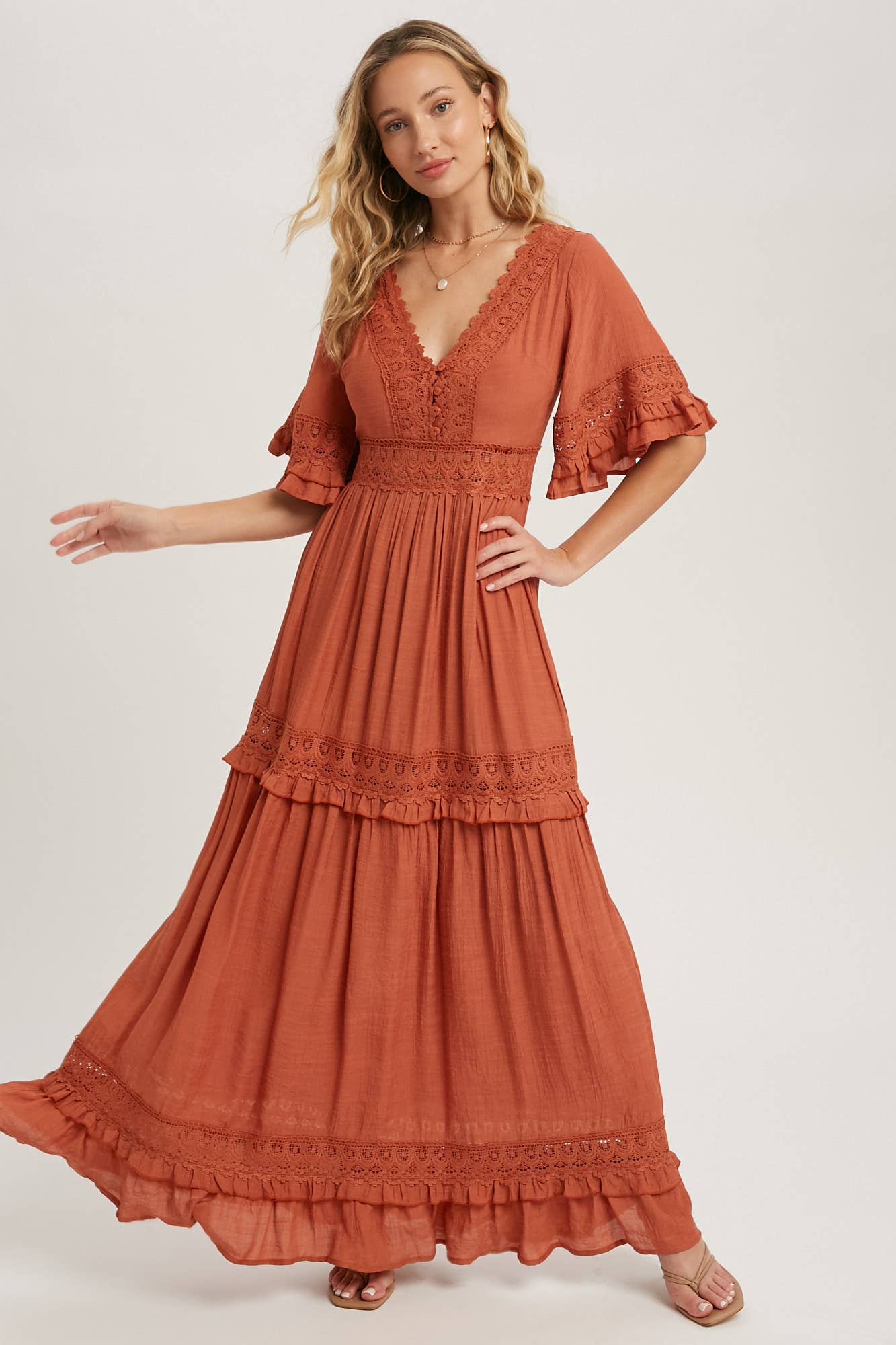 Lace V Neck Maxi Dress with Ruffle Sleeves (Olive & Ivory)