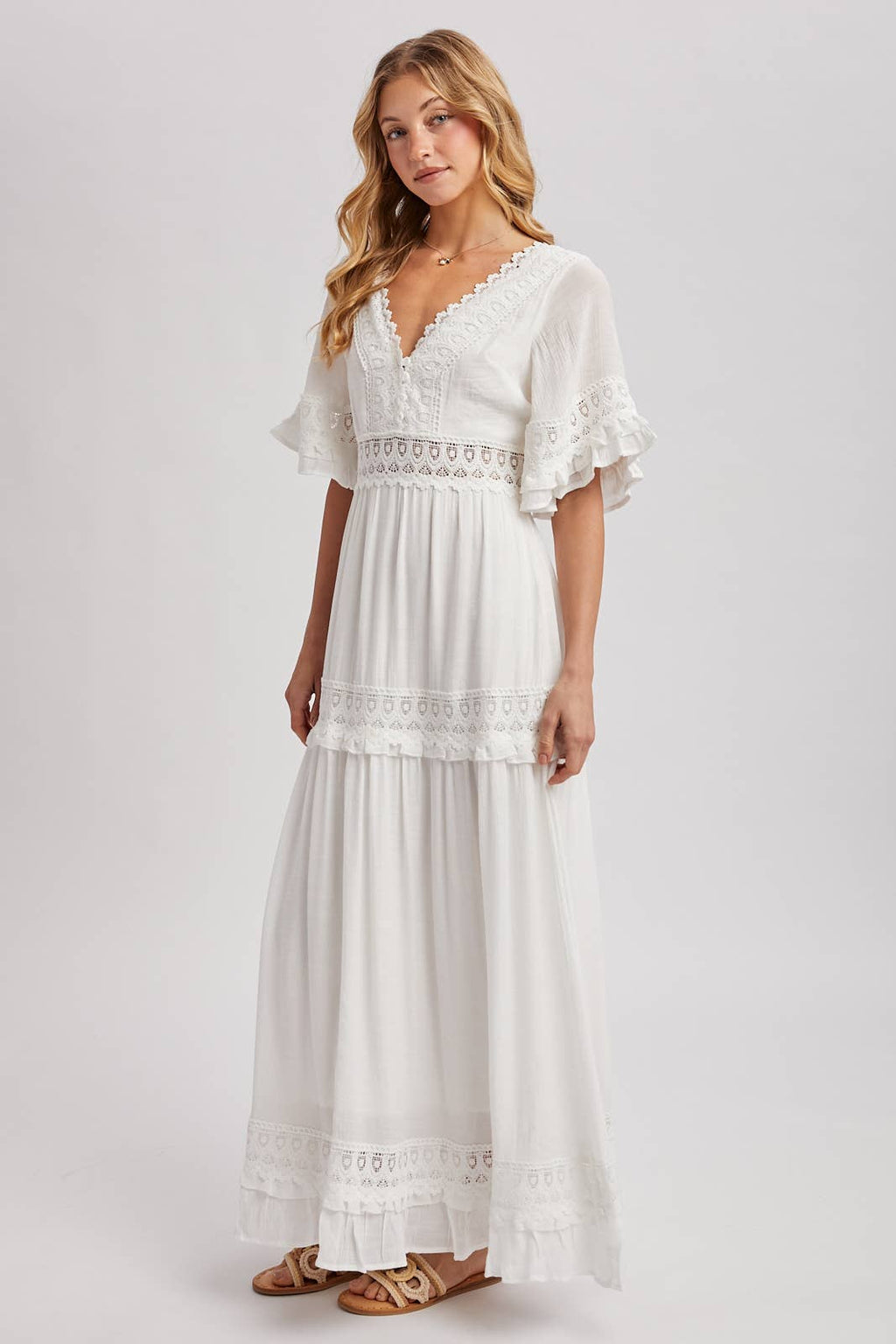 Lace V Neck Maxi Dress with Ruffle Sleeves (Olive & Ivory)