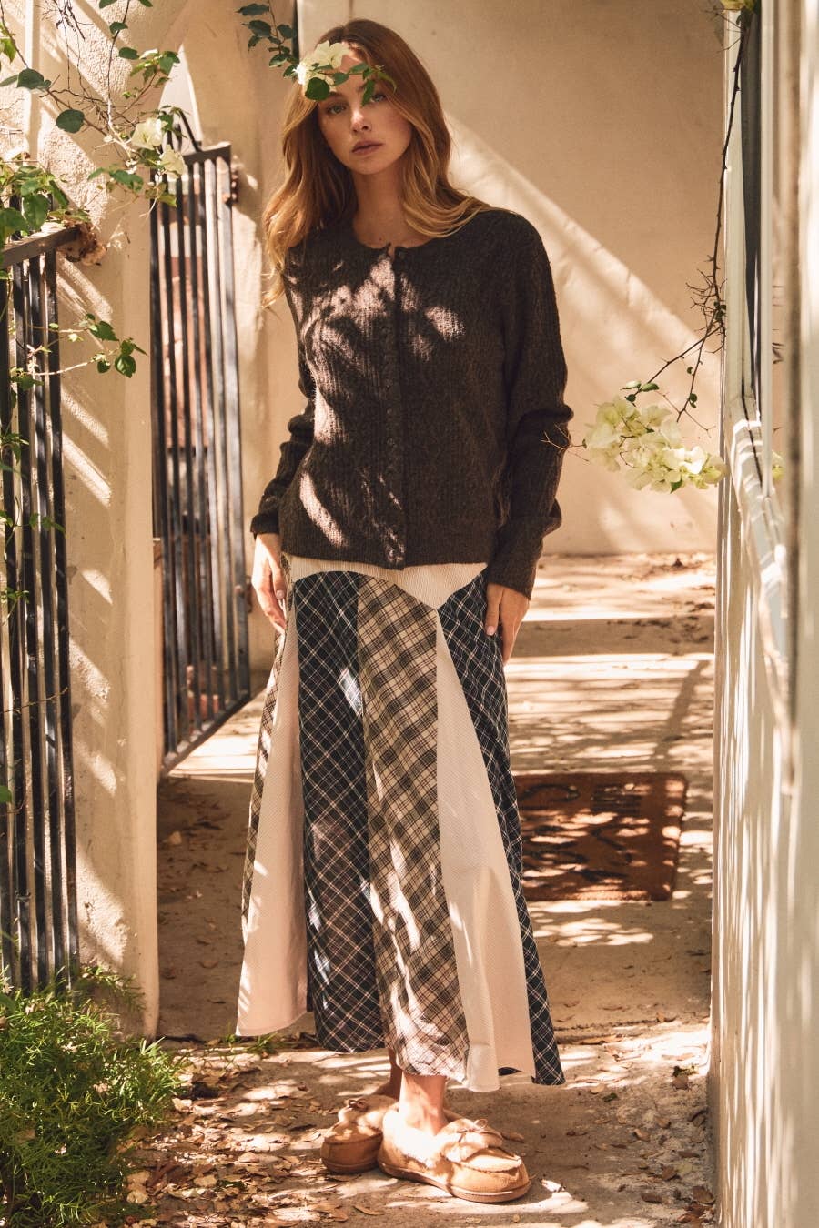 Patchwork Plaid Paneled Midi Skirt