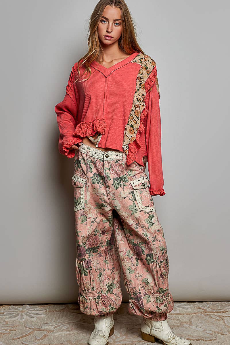 Floral Ruffle Trim Textured Ribbed Long Sleeve Knit Top