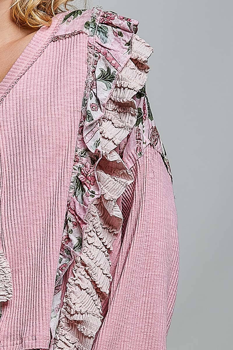 Floral Ruffle Trim Textured Ribbed Long Sleeve Knit Top