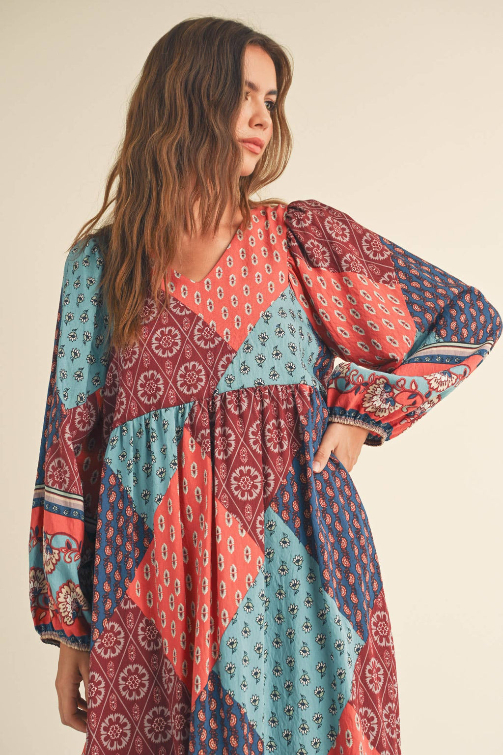 Rust Multi Color Printed Balloon Sleeve Mid Length Dress