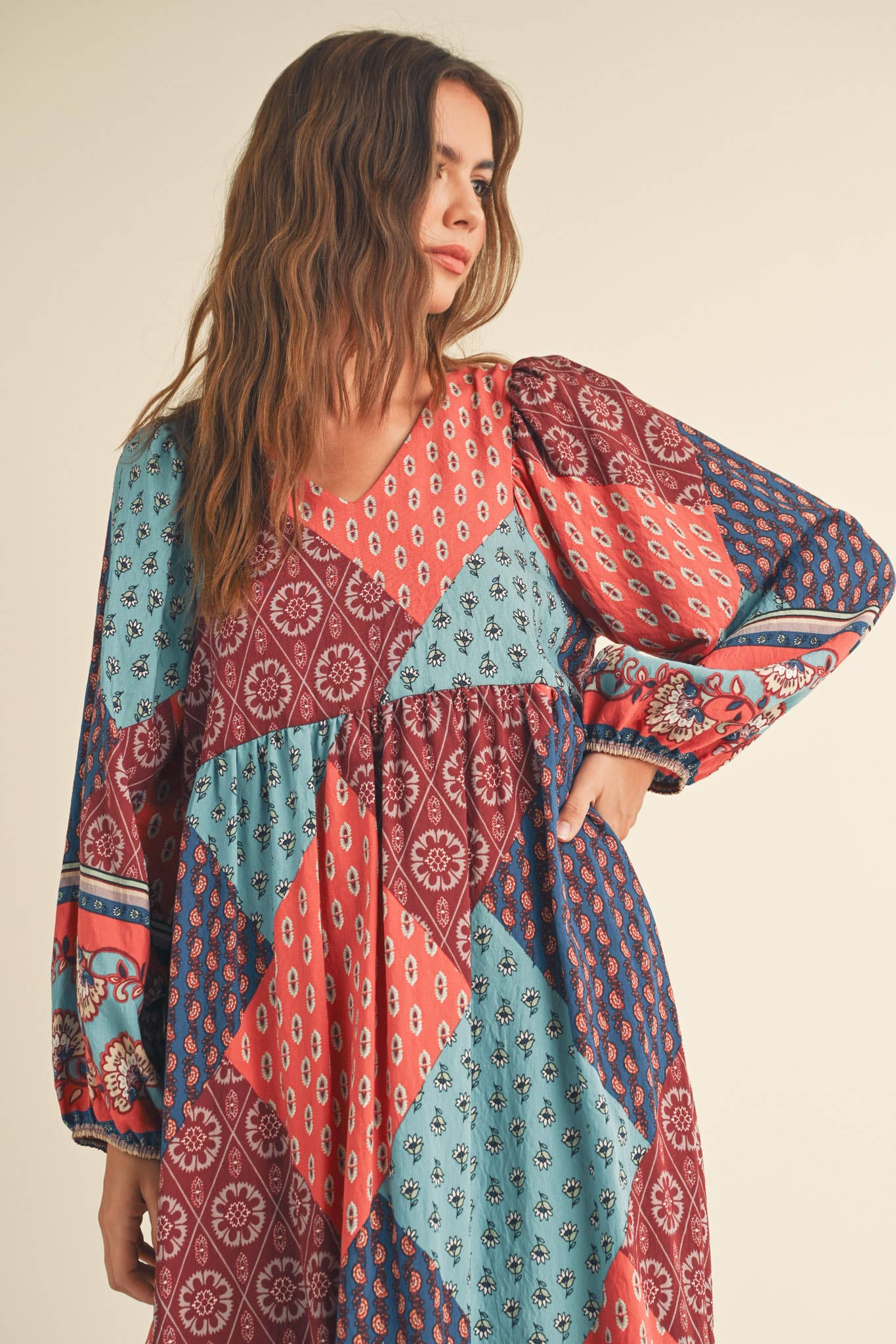 Rust Multi Color Printed Balloon Sleeve Mid Length Dress