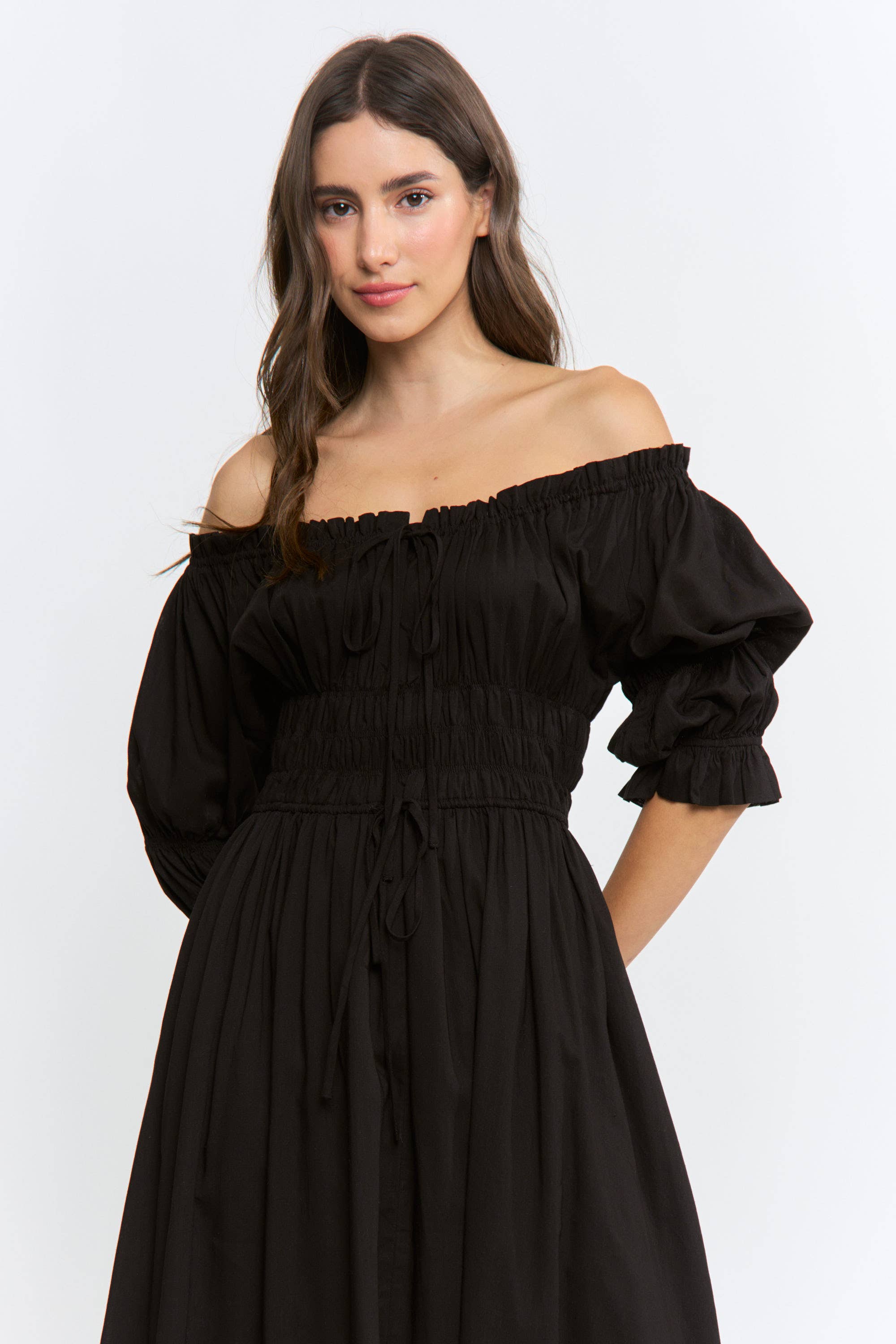 Navy Off or On Shoulder Pleated Maxi Dress
