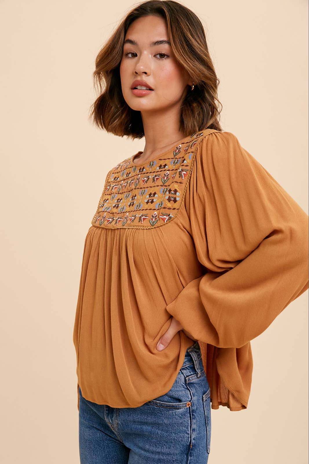 Embroidered Caramel Tie Back Blouse