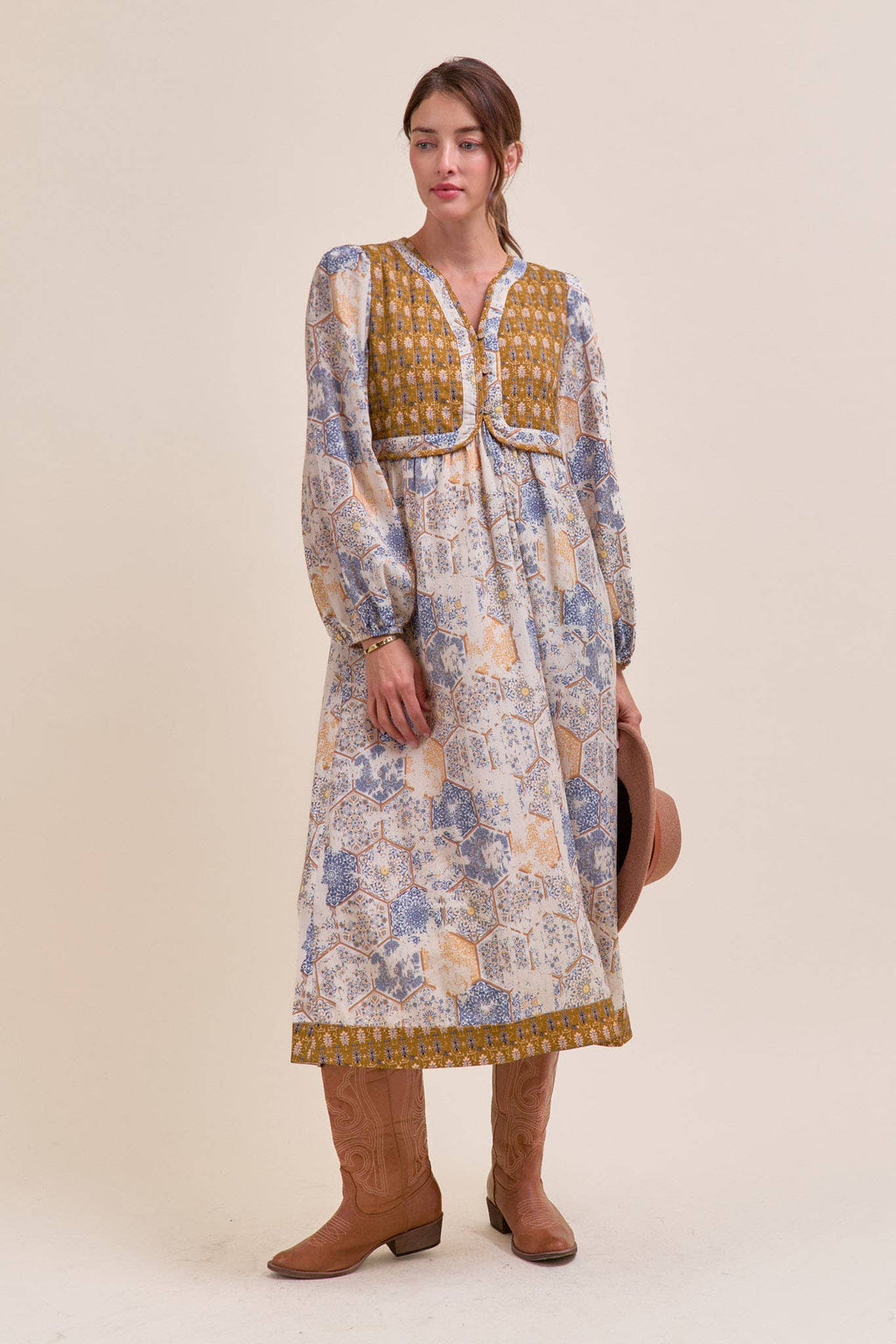Mustard/Blue Quilted Vest Midi Length Dress