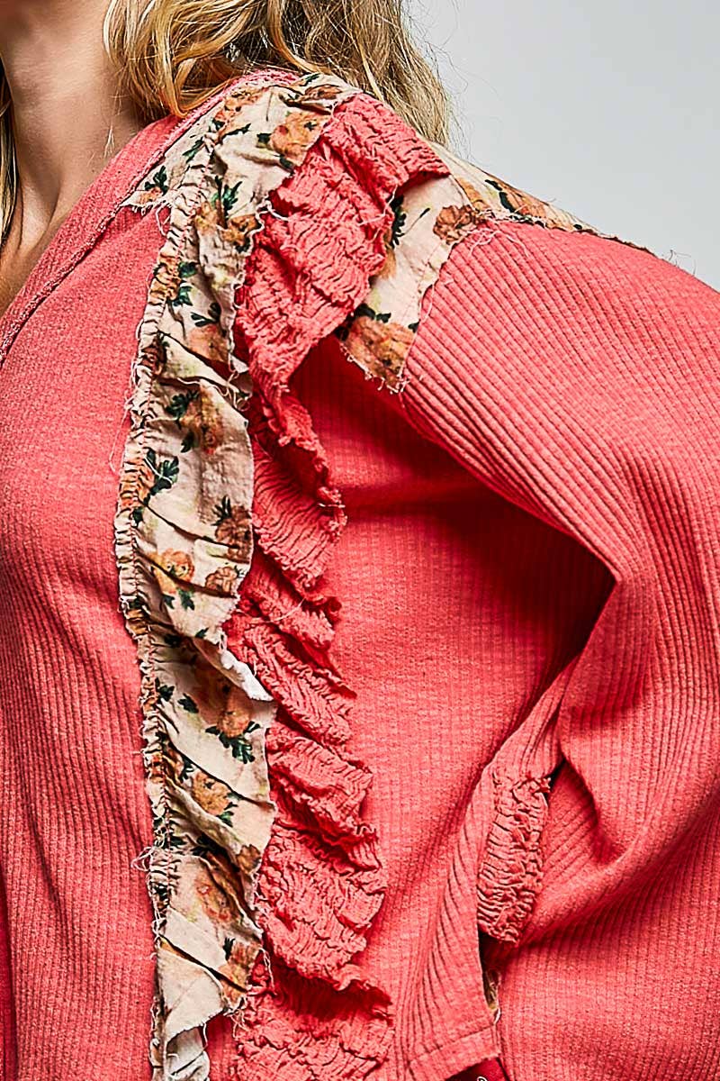 Floral Ruffle Trim Textured Ribbed Long Sleeve Knit Top