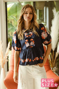 BOW RIBBON DETAILED PUFF SLEEVE TOP WITH EMBROIDERY