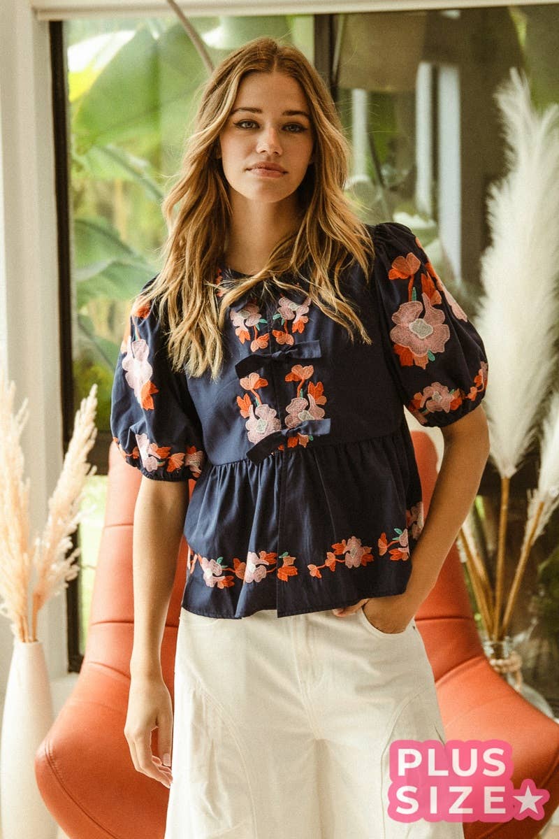 BOW RIBBON DETAILED PUFF SLEEVE TOP WITH EMBROIDERY