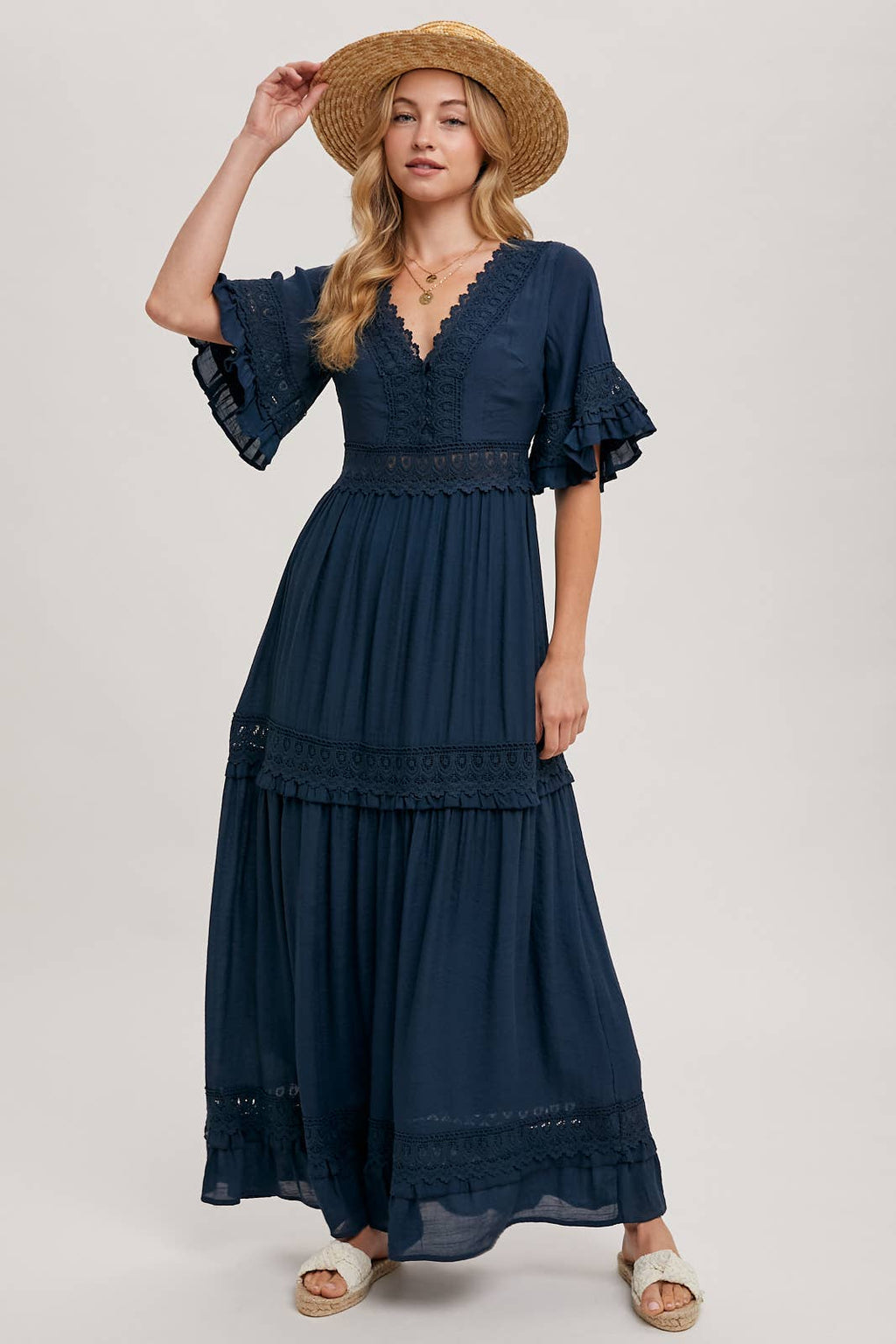 Lace V Neck Maxi Dress with Ruffle Sleeves (Olive & Ivory)