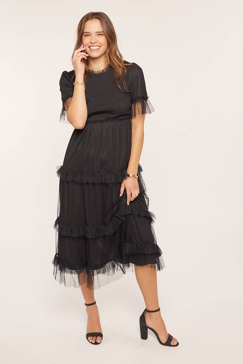 Dot Mesh Tiered Ruffle Midi Dress