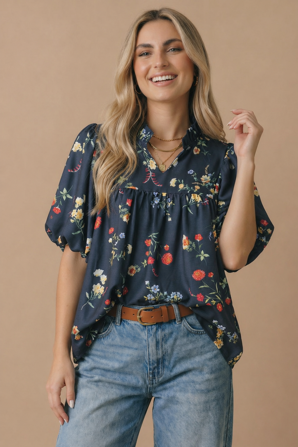 Plus Notch Neck Floral Empire Waist Woven Top