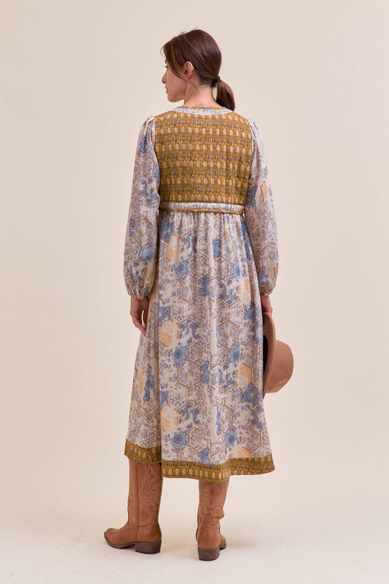 Mustard/Blue Quilted Vest Midi Length Dress