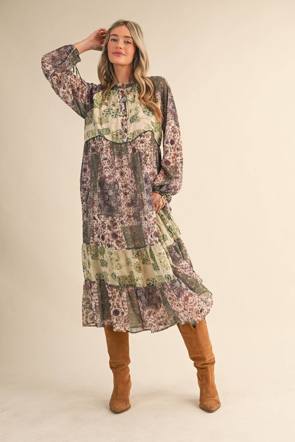 Olive Patchwork Mid Length Dress