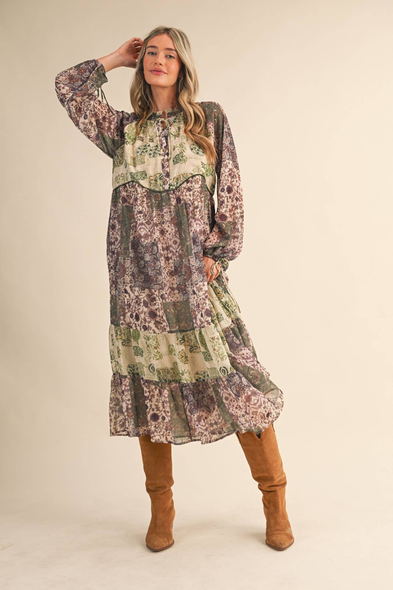 Olive Patchwork Mid Length Dress