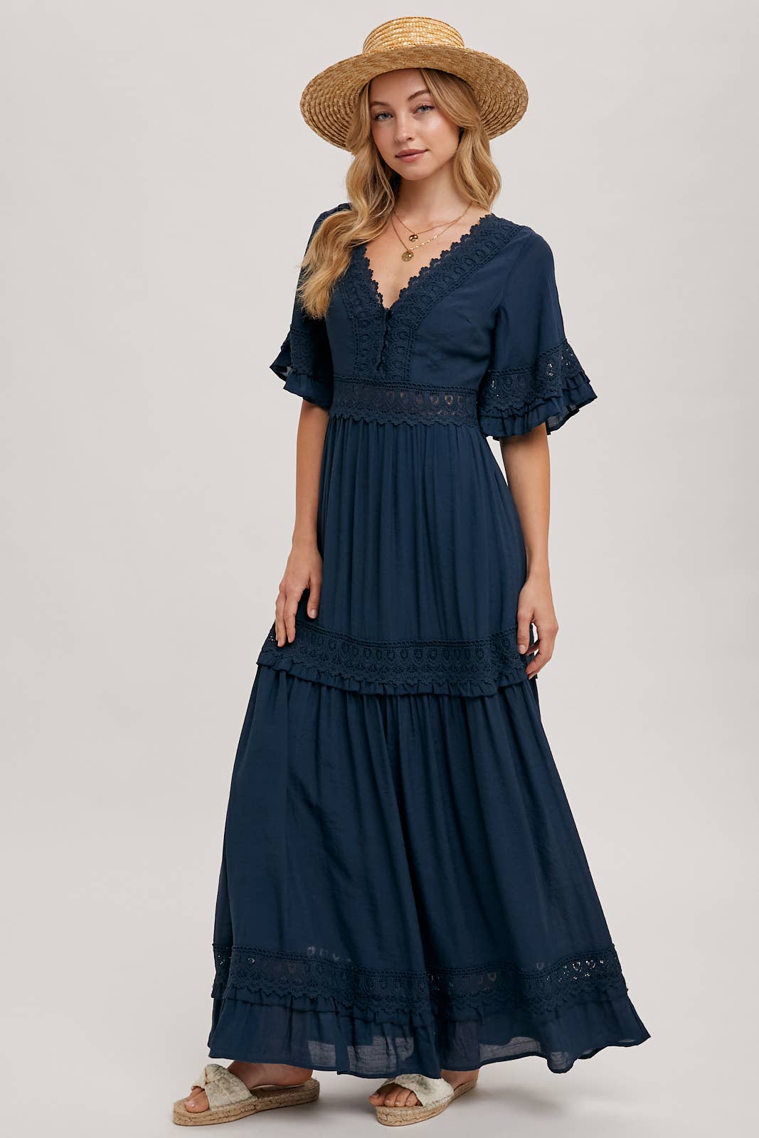 Lace V Neck Maxi Dress with Ruffle Sleeves (Olive & Ivory)
