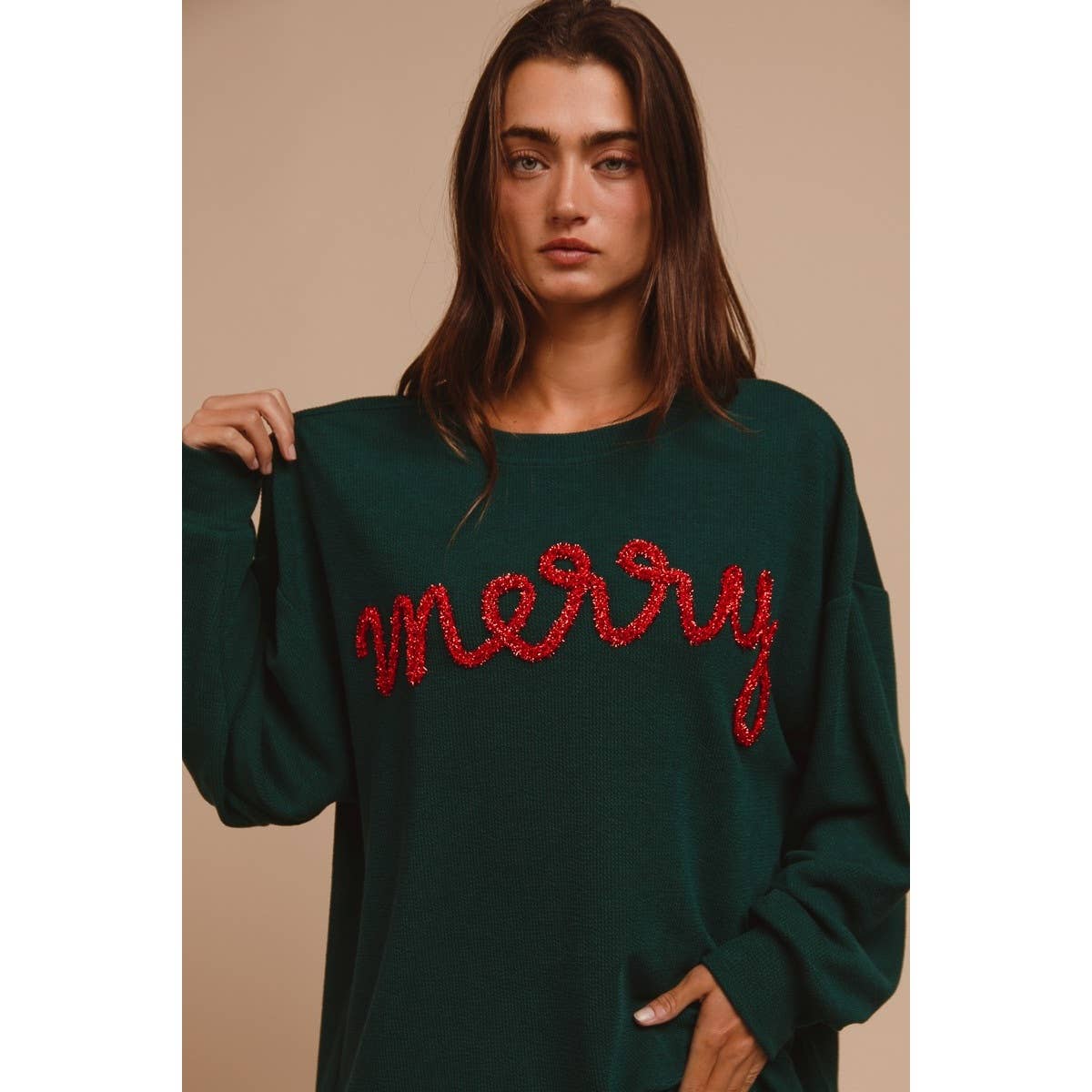MERRY TINSEL LETTERING TWO TONE RIB PULLOVER