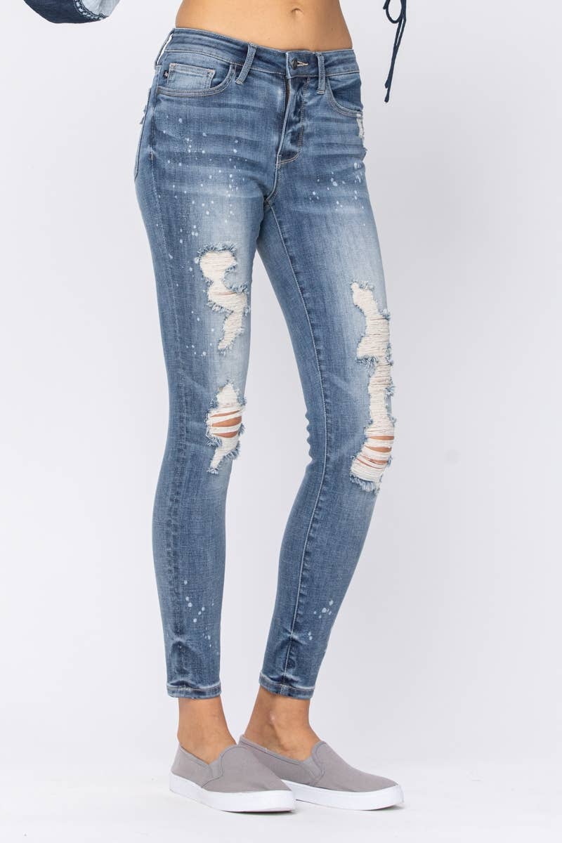 Mid Rise Bleached Splatter Skinny Jeans - Judy Blue