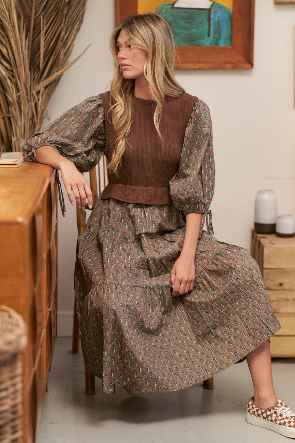 Floral Print Mixed Media Tiered Midi Dress