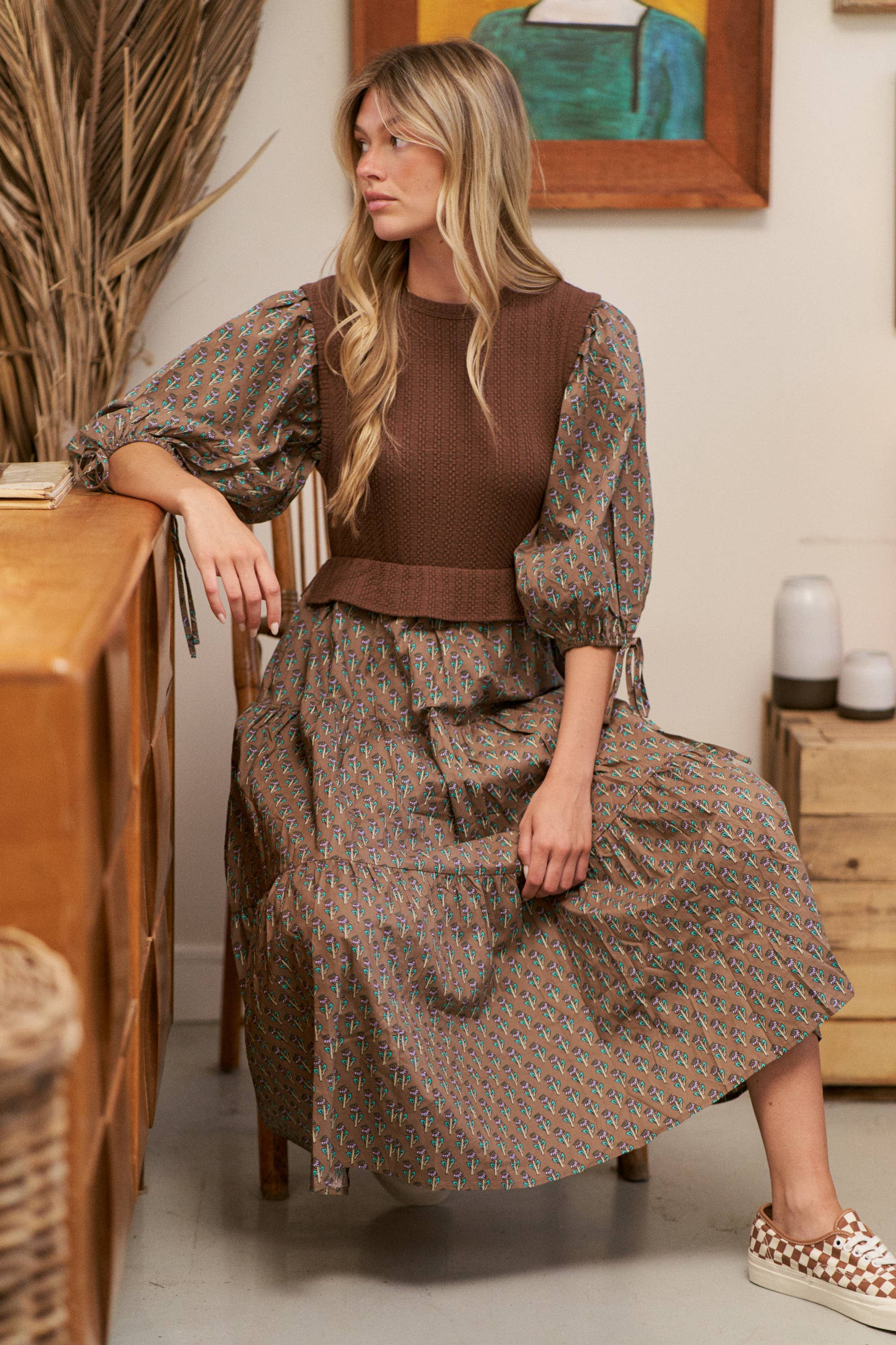 Floral Print Mixed Media Tiered Midi Dress