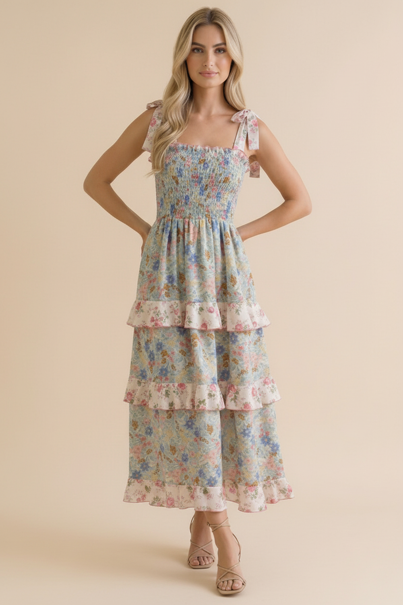Plus Smocking Tube Color Block Floral Maxi Dress