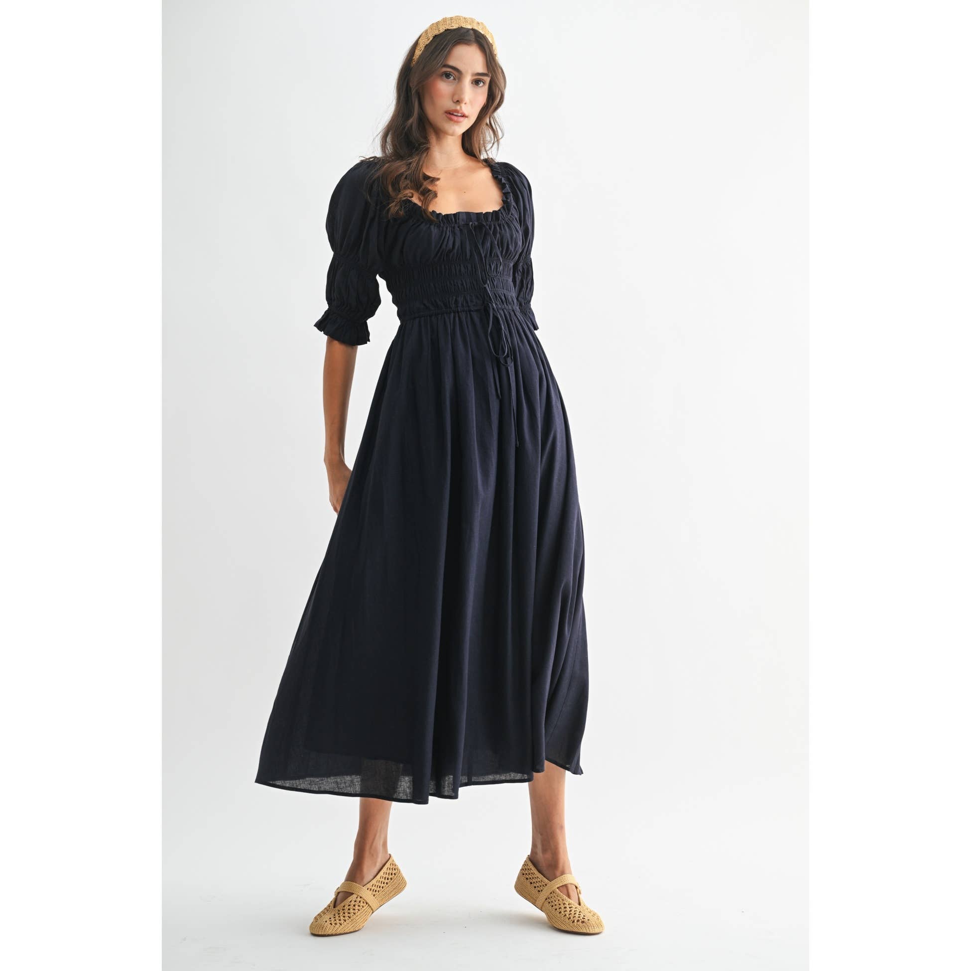 Navy Off or On Shoulder Pleated Maxi Dress