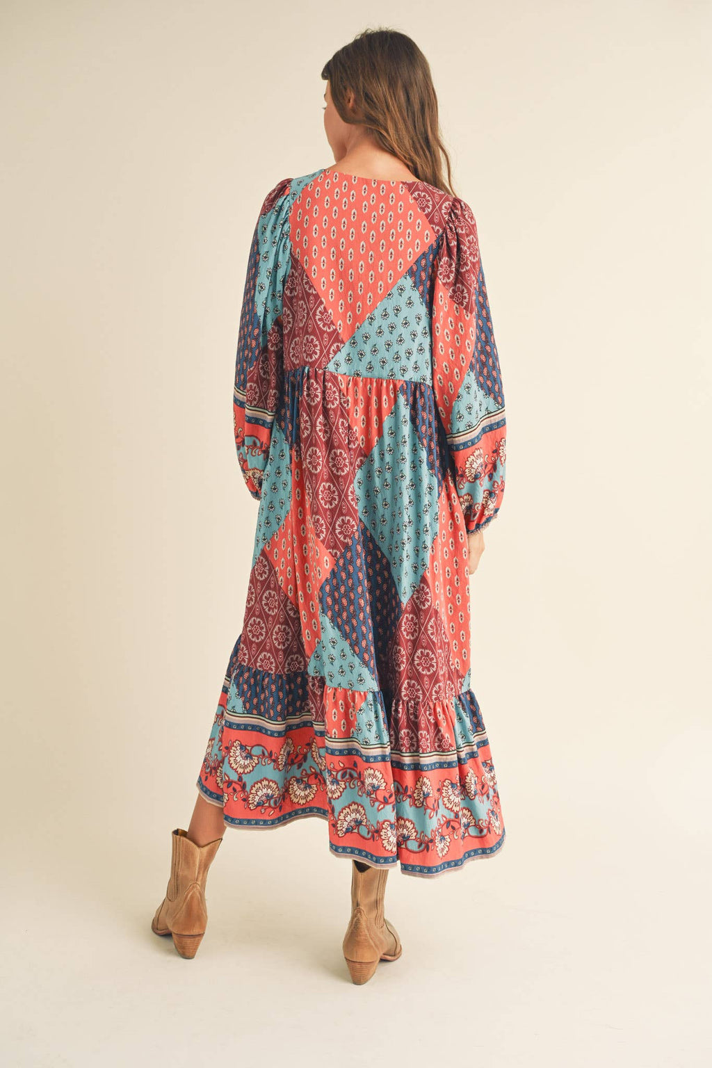 Rust Multi Color Printed Balloon Sleeve Mid Length Dress
