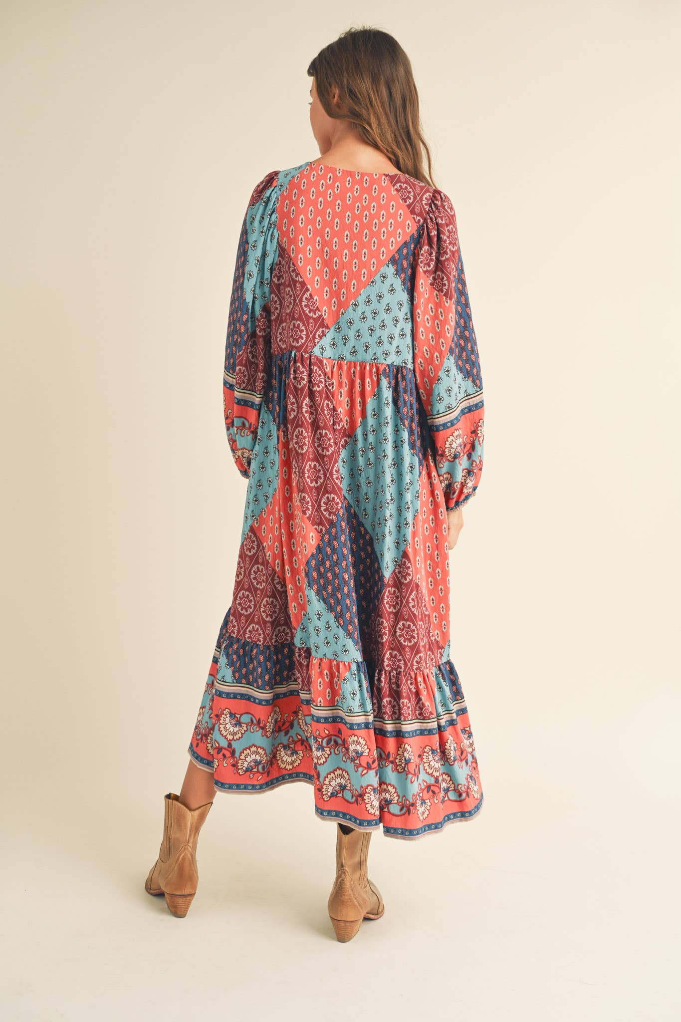 Rust Multi Color Printed Balloon Sleeve Mid Length Dress