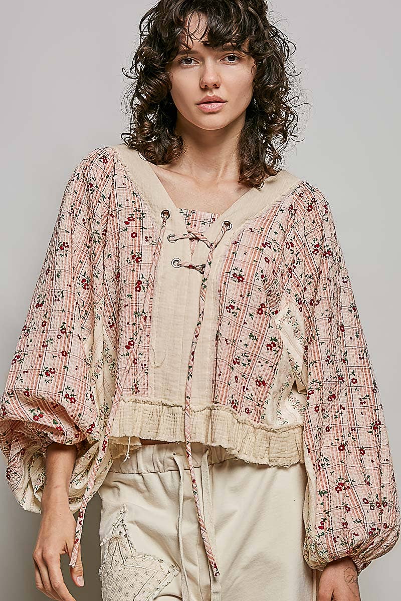 Beige/Peach Multi Color V Neck Balloon Sleeve Top