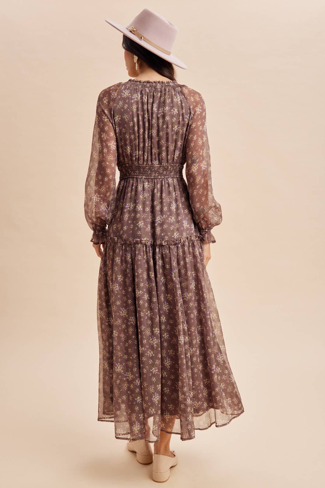 Chestnut Floral Maxi Dress with Smocking Detail
