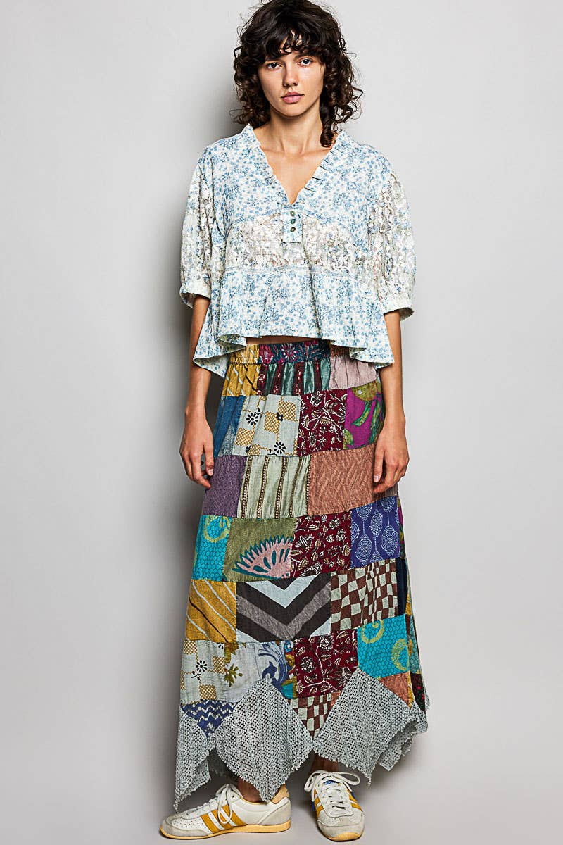 Blue Floral Printed Lace Patch Adjustable Back Loop Ruffled V-Neck Top