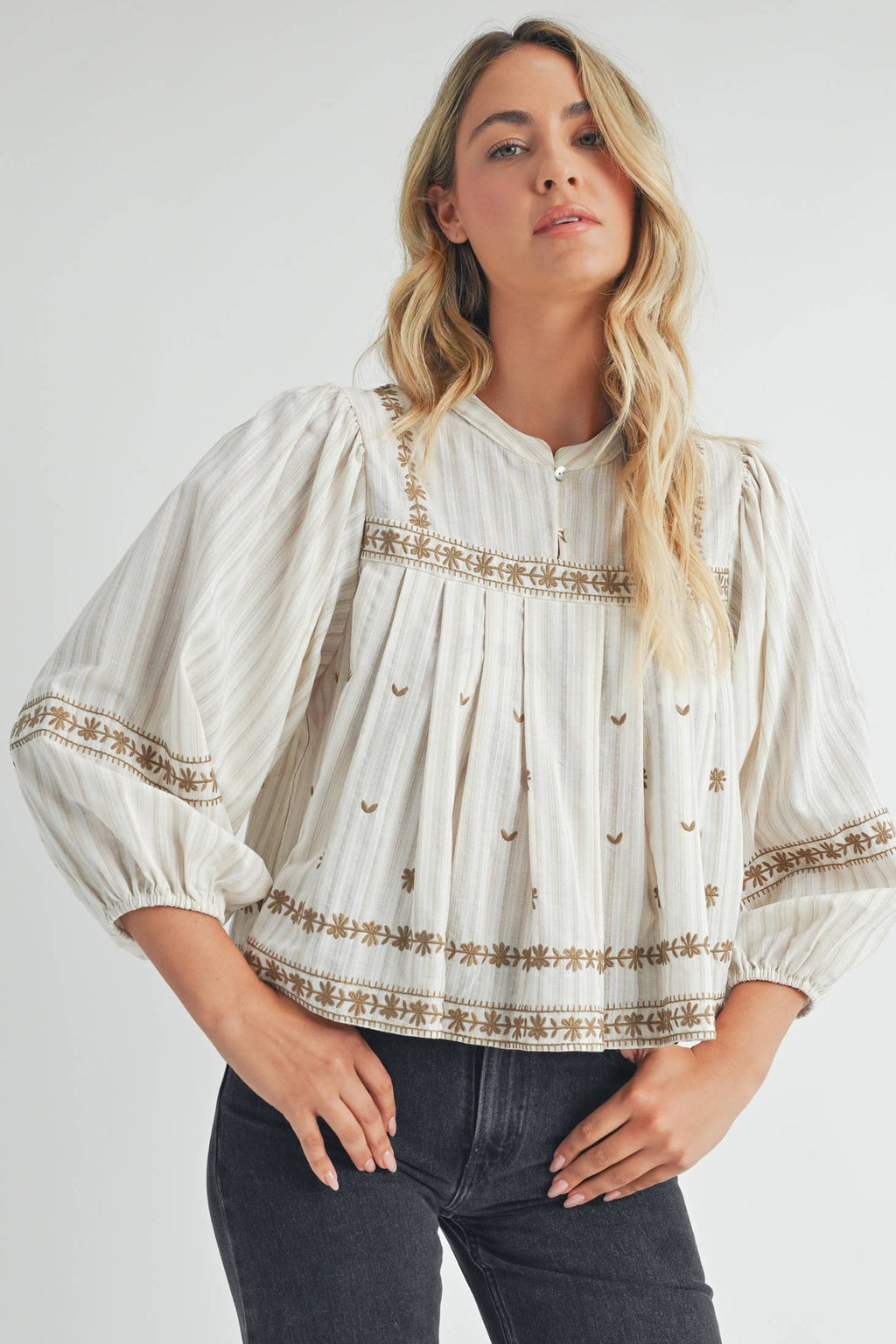 Ivory/Beige Embroidered Puff Long Sleeve Top