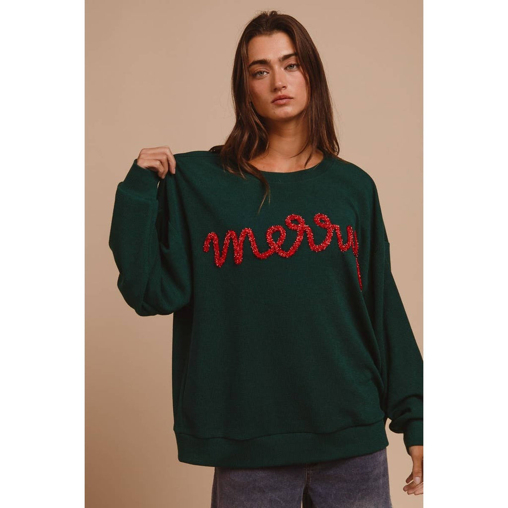 MERRY TINSEL LETTERING TWO TONE RIB PULLOVER