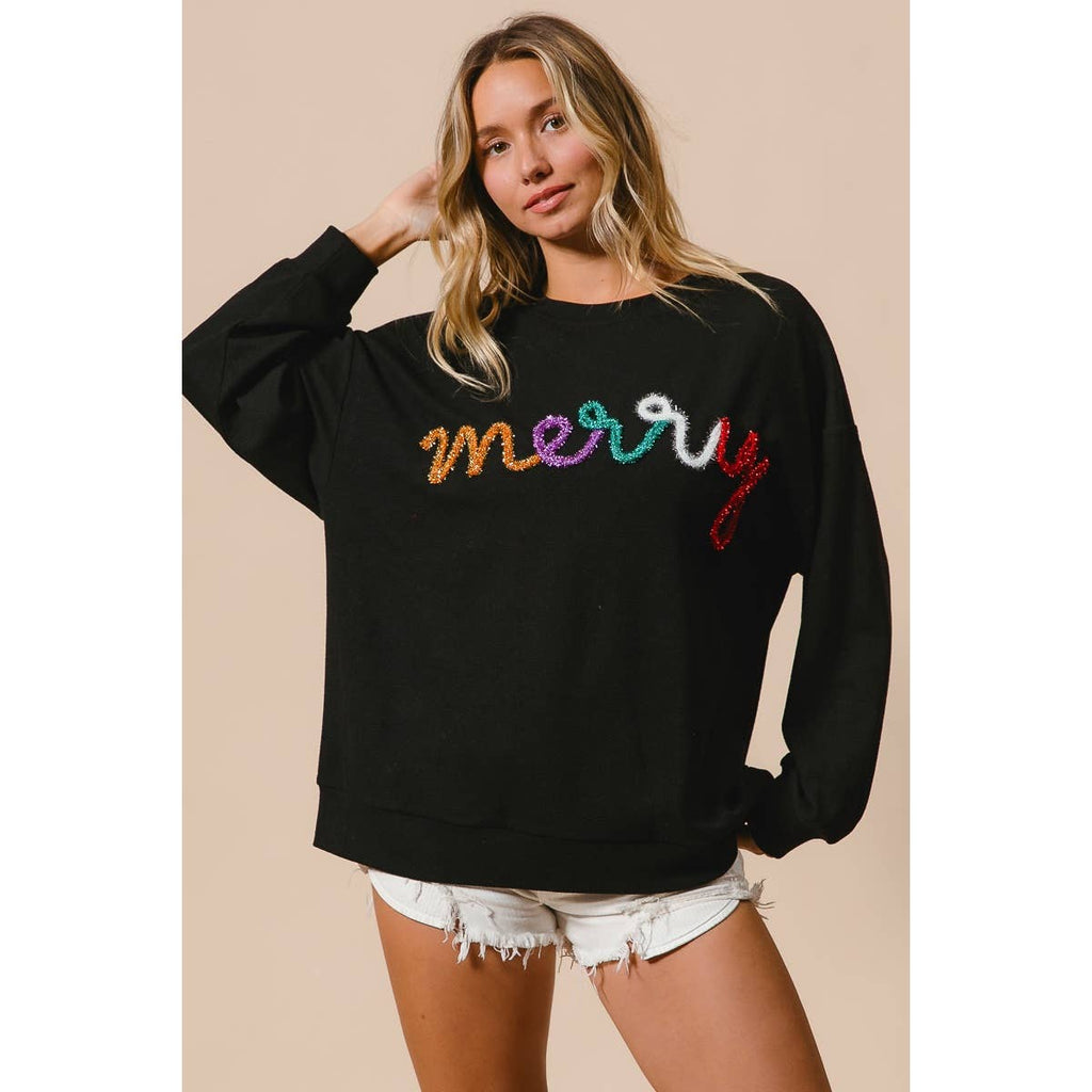 MERRY TINSEL LETTERING TWO TONE RIB PULLOVER