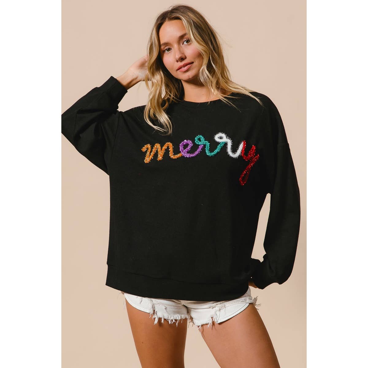 MERRY TINSEL LETTERING TWO TONE RIB PULLOVER