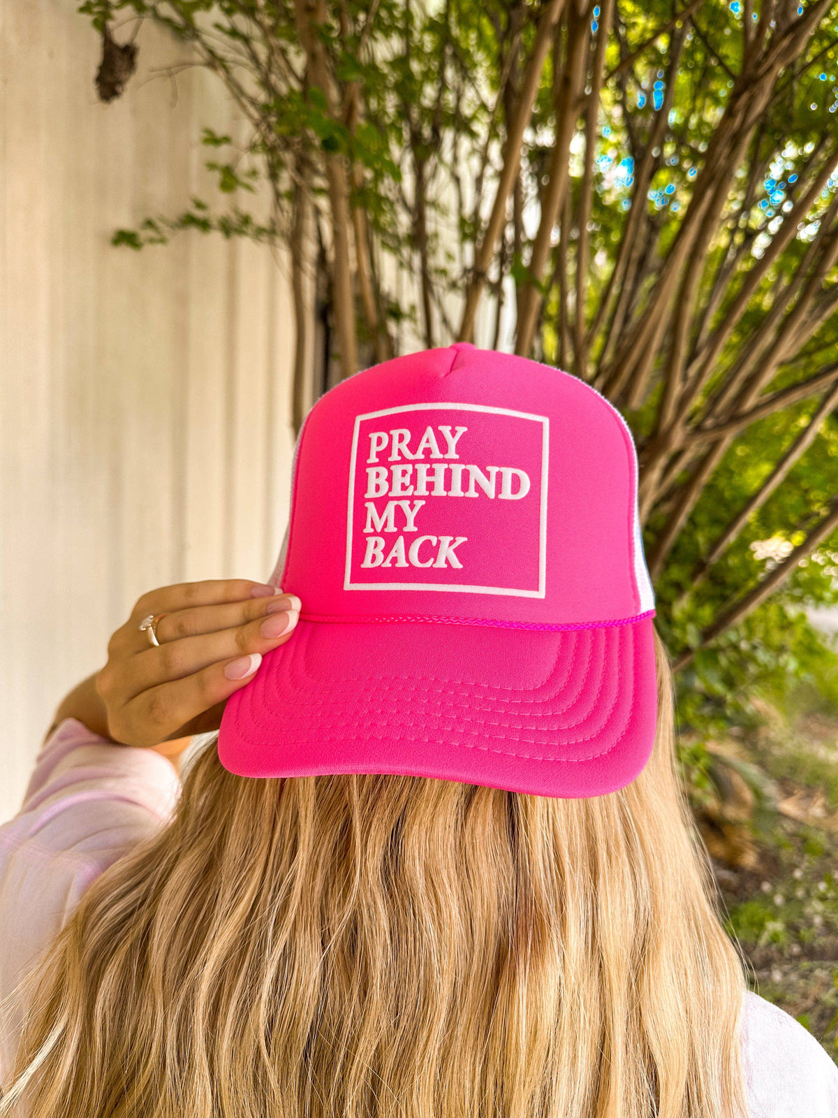 Pray Behind My Back Hot Pink/White Trucker Hat